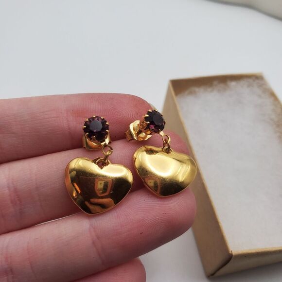 Garnet crystal gold plated heart earrings for pierced‎ ears - Picture 1 of 3